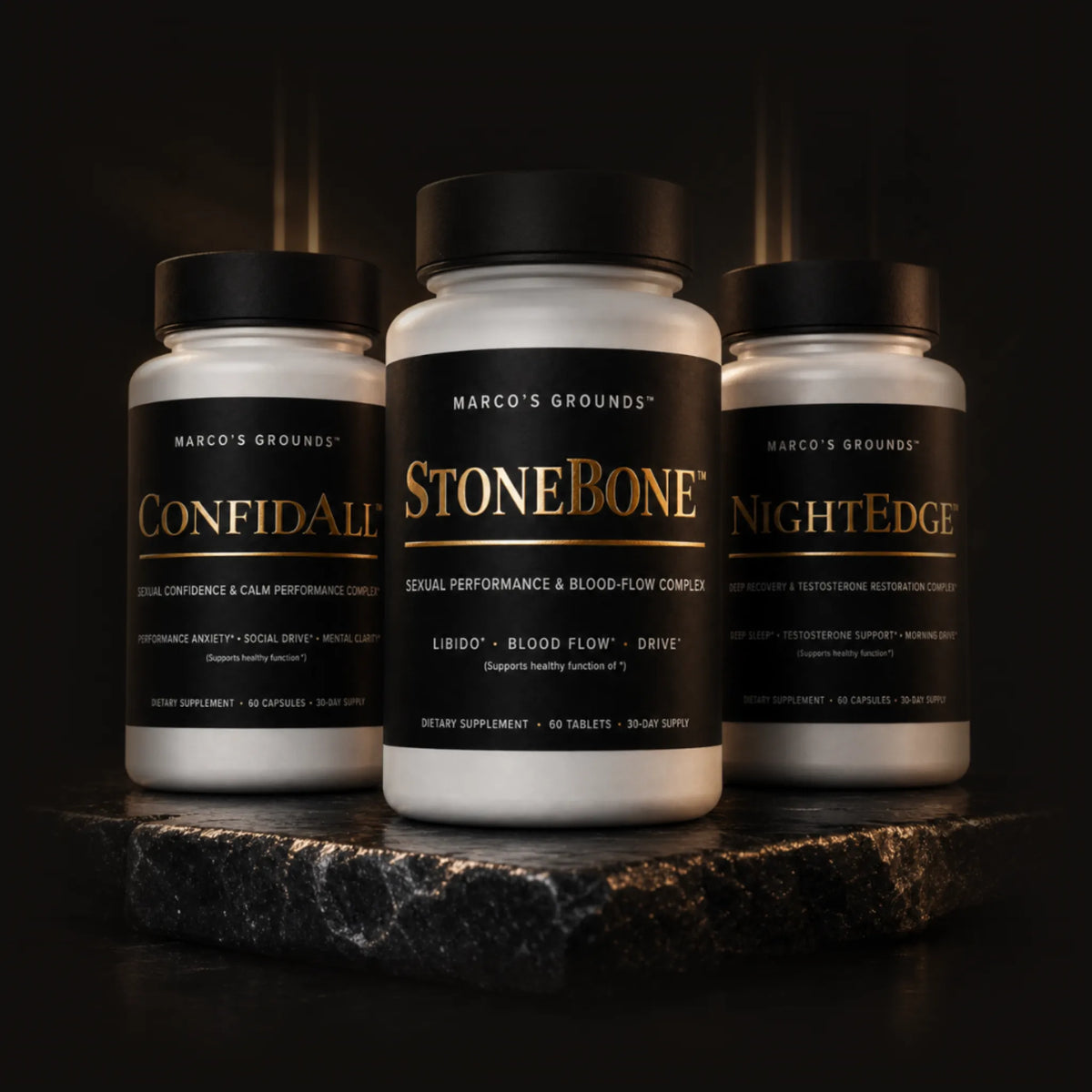 Three StoneBone products on dark stone surface